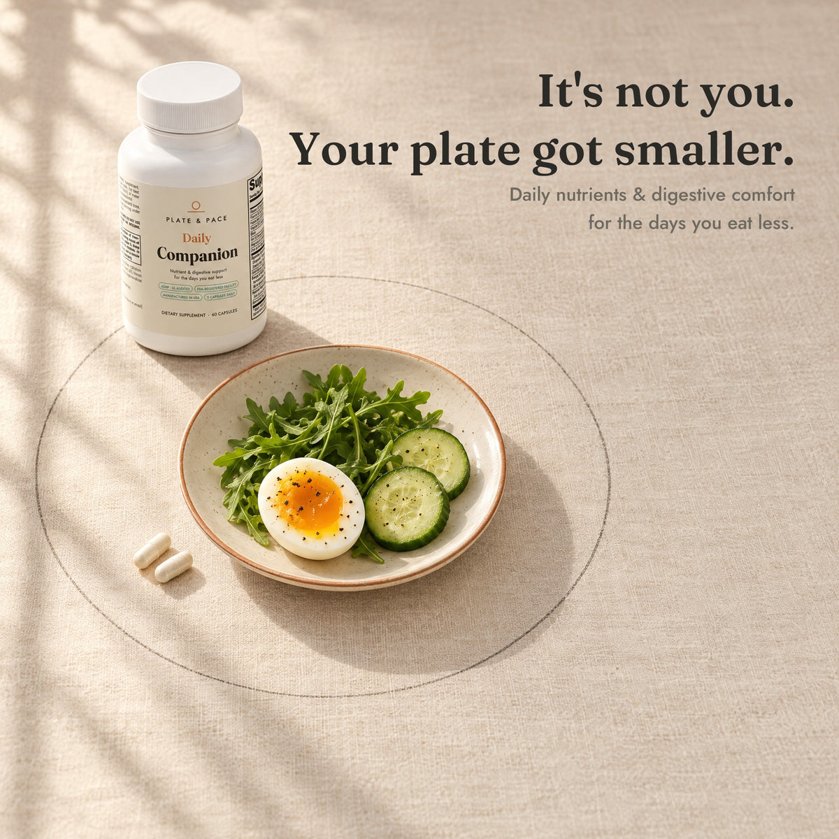 Plate & Pace Daily Companion beside a small plate: It's not you, your plate got smaller