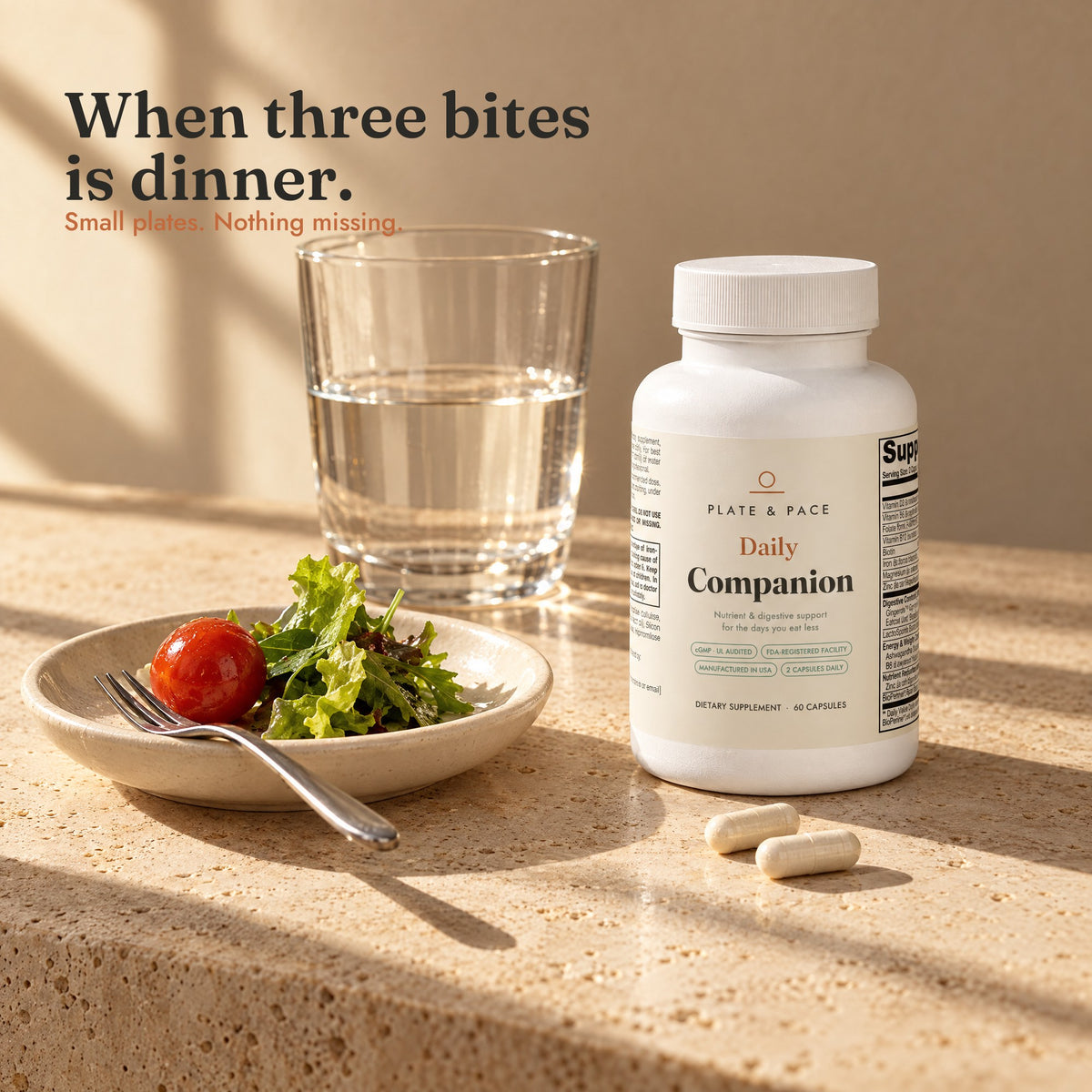When three bites is dinner: saucer, water and the Daily Companion bottle