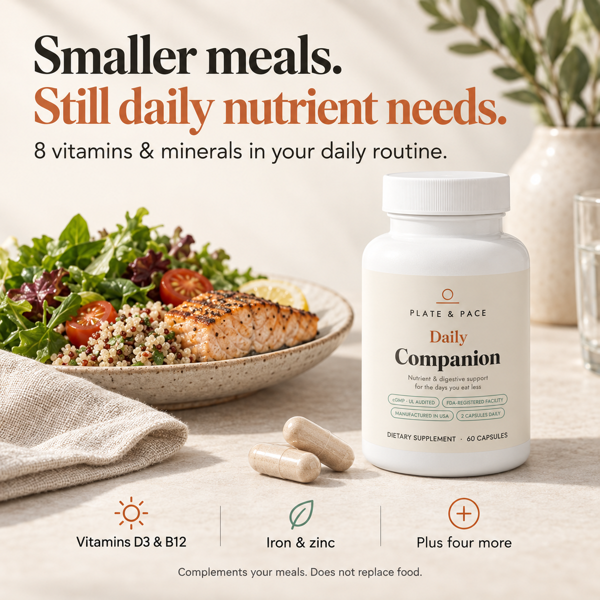 Smaller meals, daily nutrient needs: eight vitamins and minerals to complement meals.